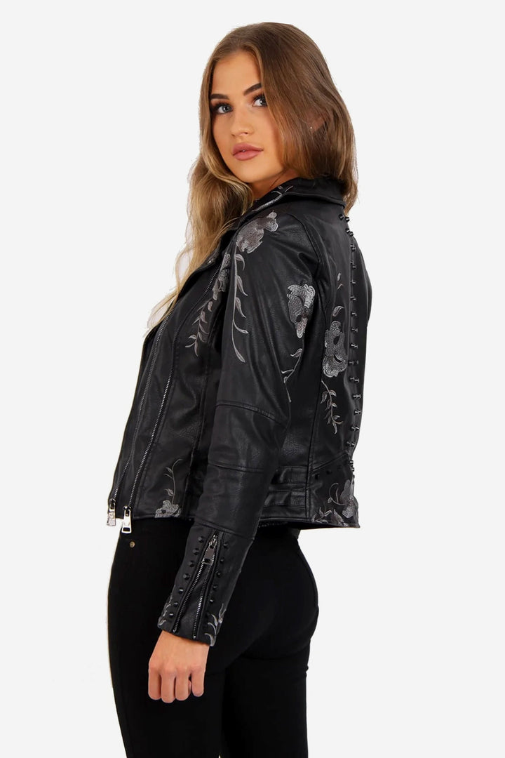 Black Vegan Leather Floral Embroidered Studded Detail Biker Jacket, Faux Leather Embroidery Detailing Jacket, Available in Silver & Black