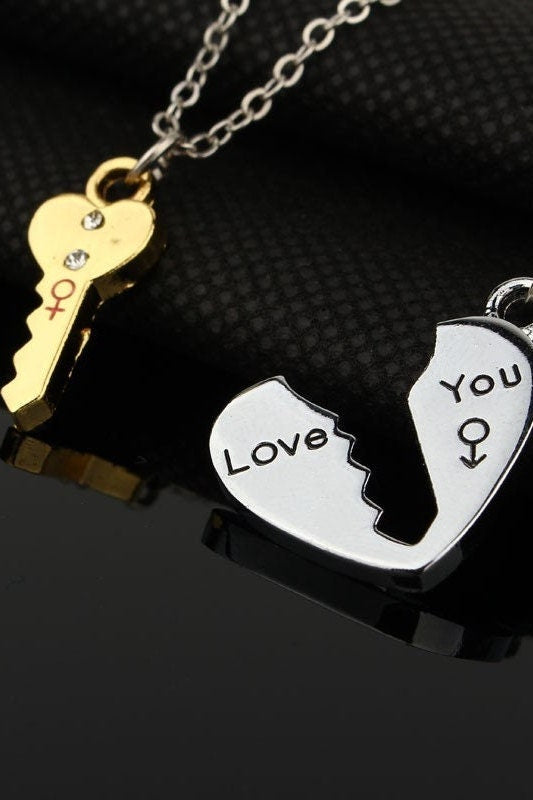 Two Piece Heart & Key Pendant Chain Necklaces, Dainty Valentines Romantic Relationship Charm Necklaces, Necklace in Gold and Silver (48 Hour Dispatch)