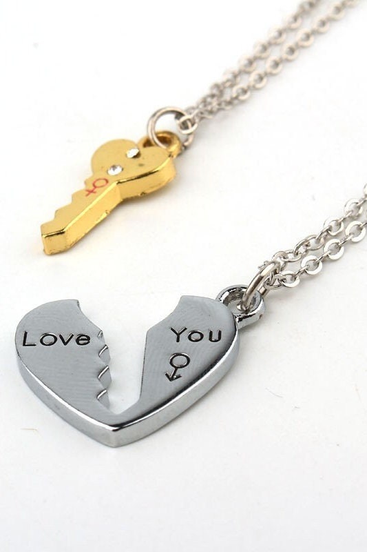 Two Piece Heart & Key Pendant Chain Necklaces, Dainty Valentines Romantic Relationship Charm Necklaces, Necklace in Gold and Silver (48 Hour Dispatch)