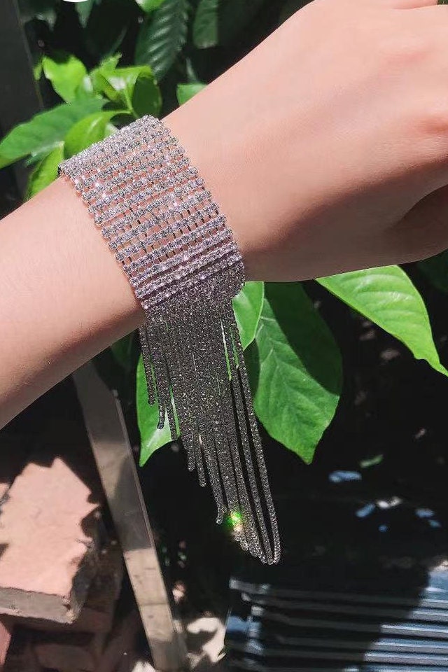 Silver Rhinestone Crystal Tassel Chain-mail Mesh Bracelet, Adjustable Chunky Diamante Chain Bracelet (48 Hour Dispatch)