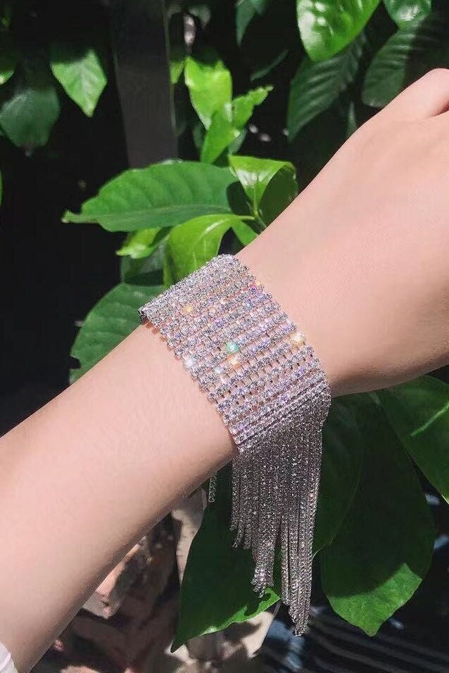 Silver Rhinestone Crystal Tassel Chain-mail Mesh Bracelet, Adjustable Chunky Diamante Chain Bracelet (48 Hour Dispatch)