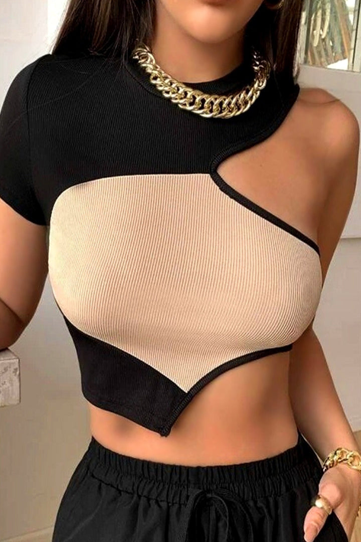 Asymmetrical Two Tone Rib Knit Jersey Crop Top, Black & Beige Patchwork Cut Out Front Tank Top