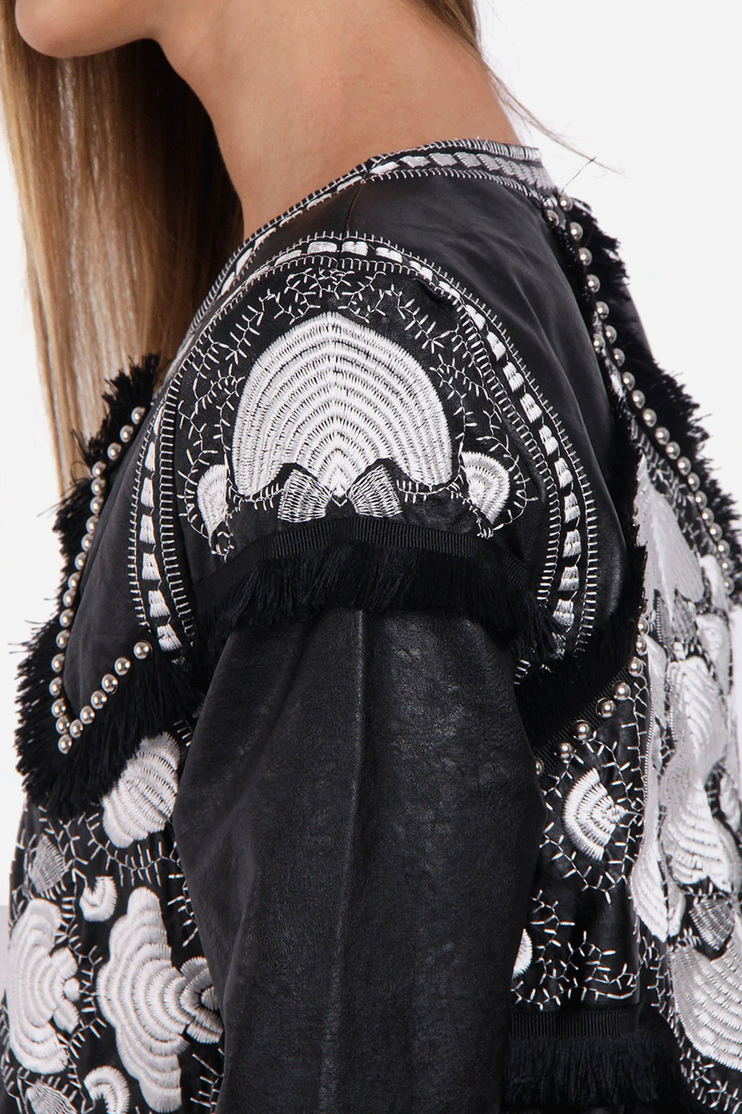 Y2K Black & White Embellished Vegan Leather Jacket, Studded Embellished Pattern, Black Faux Leather Jacket