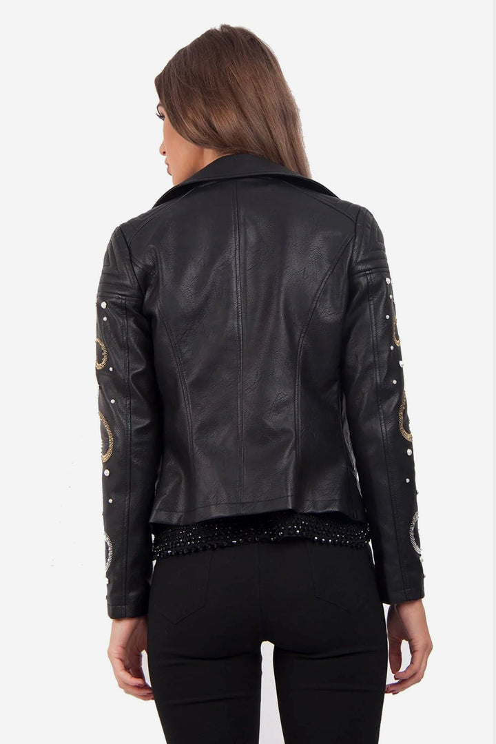 Starry Night Inspired Embellished Pearl Arm Faux Vegan Leather Biker Jacket, Silver & Black Faux Leather Look Jacket