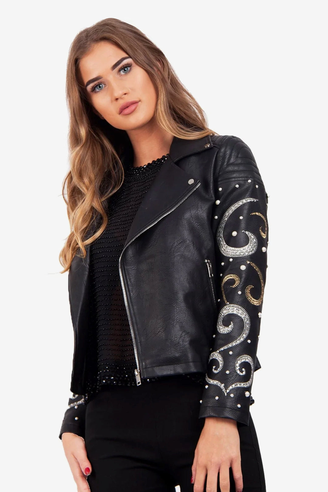 Starry Night Inspired Embellished Pearl Arm Faux Vegan Leather Biker Jacket, Silver & Black Faux Leather Look Jacket