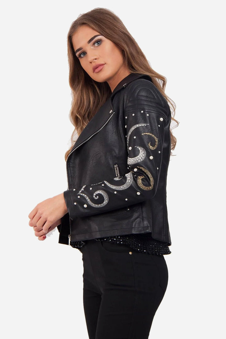 Starry Night Inspired Embellished Pearl Arm Faux Vegan Leather Biker Jacket, Silver & Black Faux Leather Look Jacket