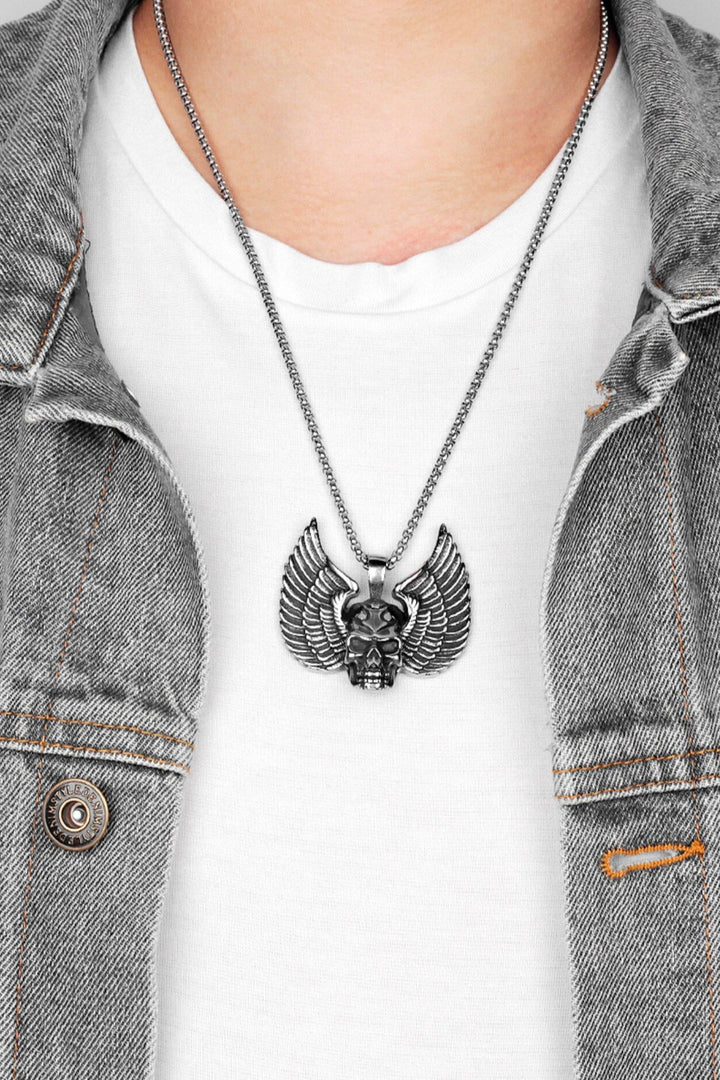 Wing Skull Pendant Necklace, Antique Silver Finish, Stainless Steel, Ideal Gift (48 Hour Dispatch)