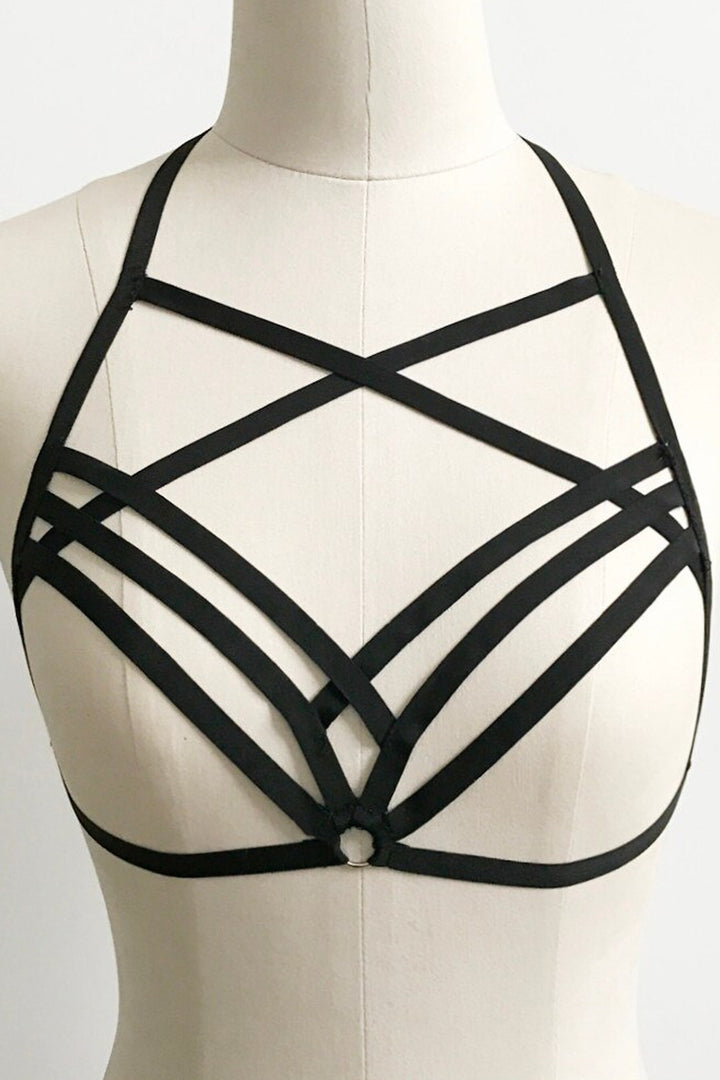 Black O-Ring Body Harness, Women's Strappy Bandage Bralette Bra, Push Up Harness Bustier Cage (48 Hour Dispatch)