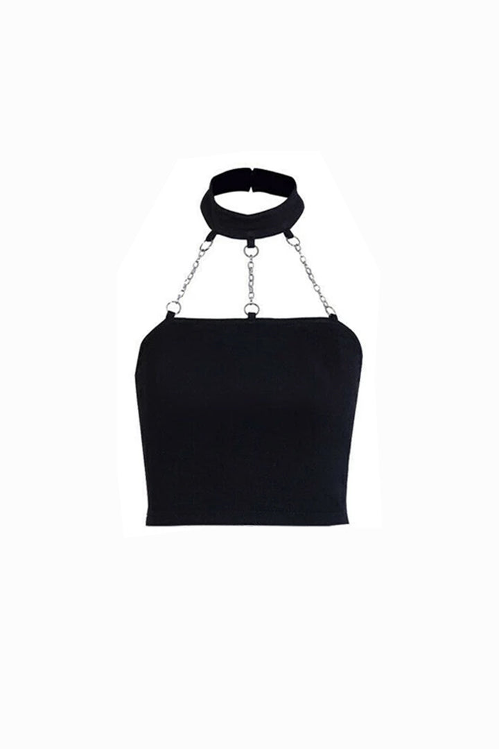 Silver Metal Chain Halter Choker Black Crop Top, Front Chain Detailing Cut Out Design, Backless Cropped Tee