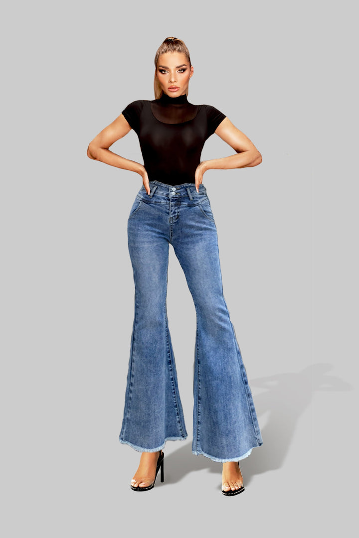 Geometric Waist Super Flare High Rise Denim Jeans, Blue Wash Double Button Detail Jeans