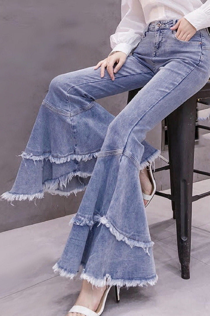 Y2K Super Flared Bell Bottom Jeans, Frayed Hem Denim Patchwork Jeans, High Rise Light Blue Wash Jeans