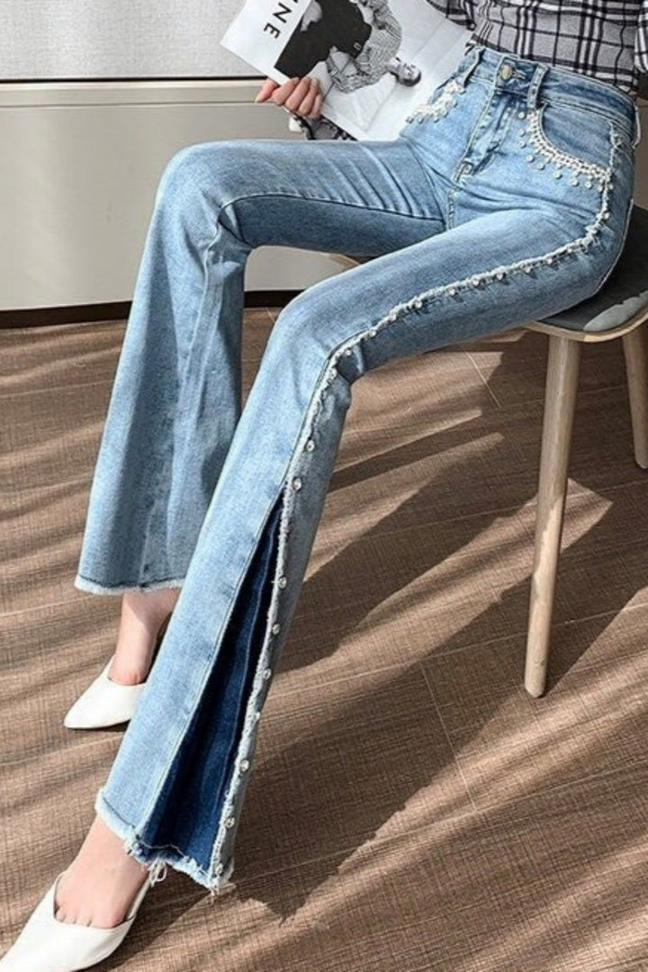 Y2K Crystal Rhinestone & Pearl Embellished Detailing Patchwork Flare Denim Jeans, Two Tone Flare, High Rise Flared Jeans