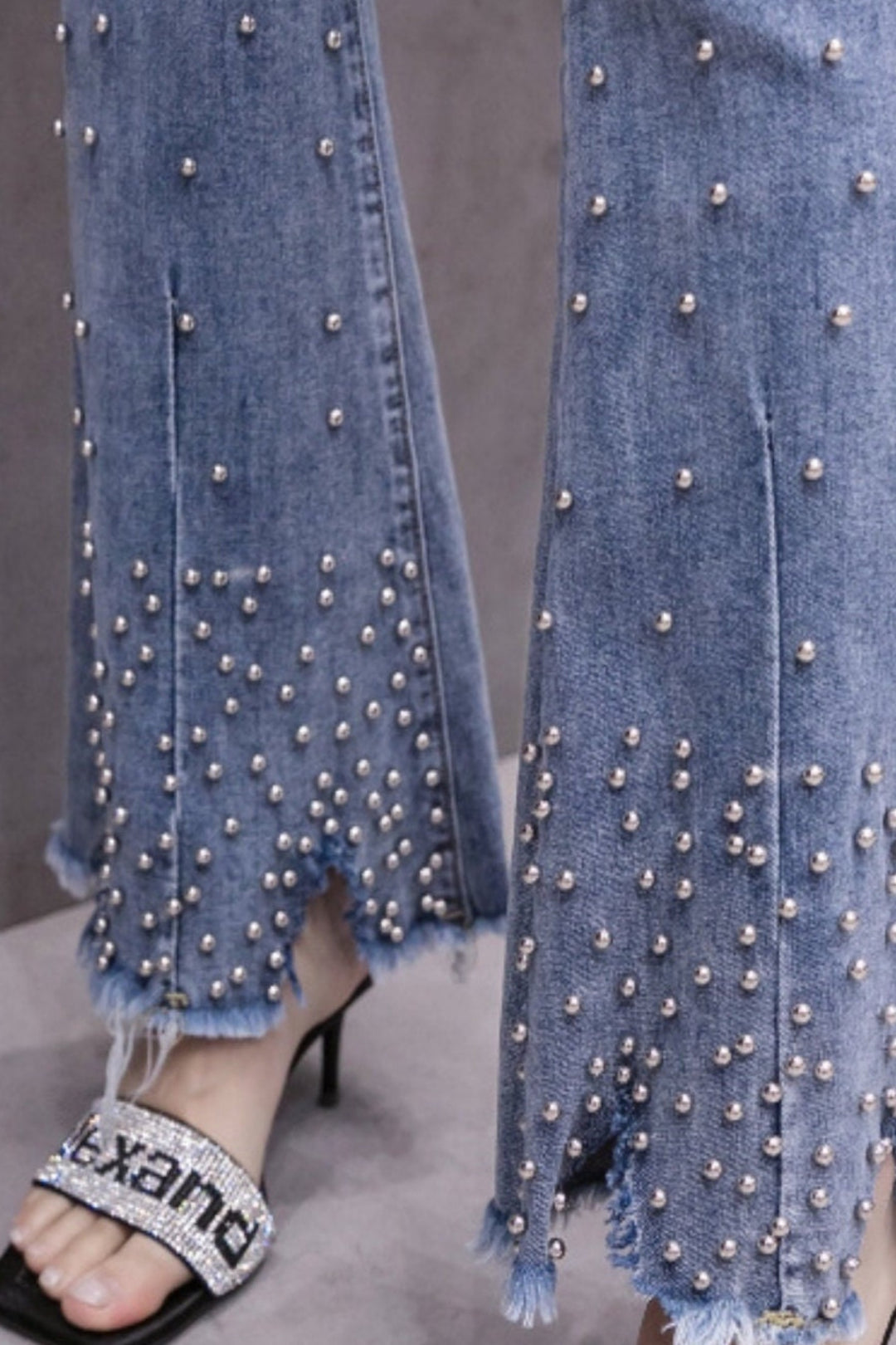 Unique Embellished Flare High Rise Denim Jeans, Medium Wash Studded Jeans