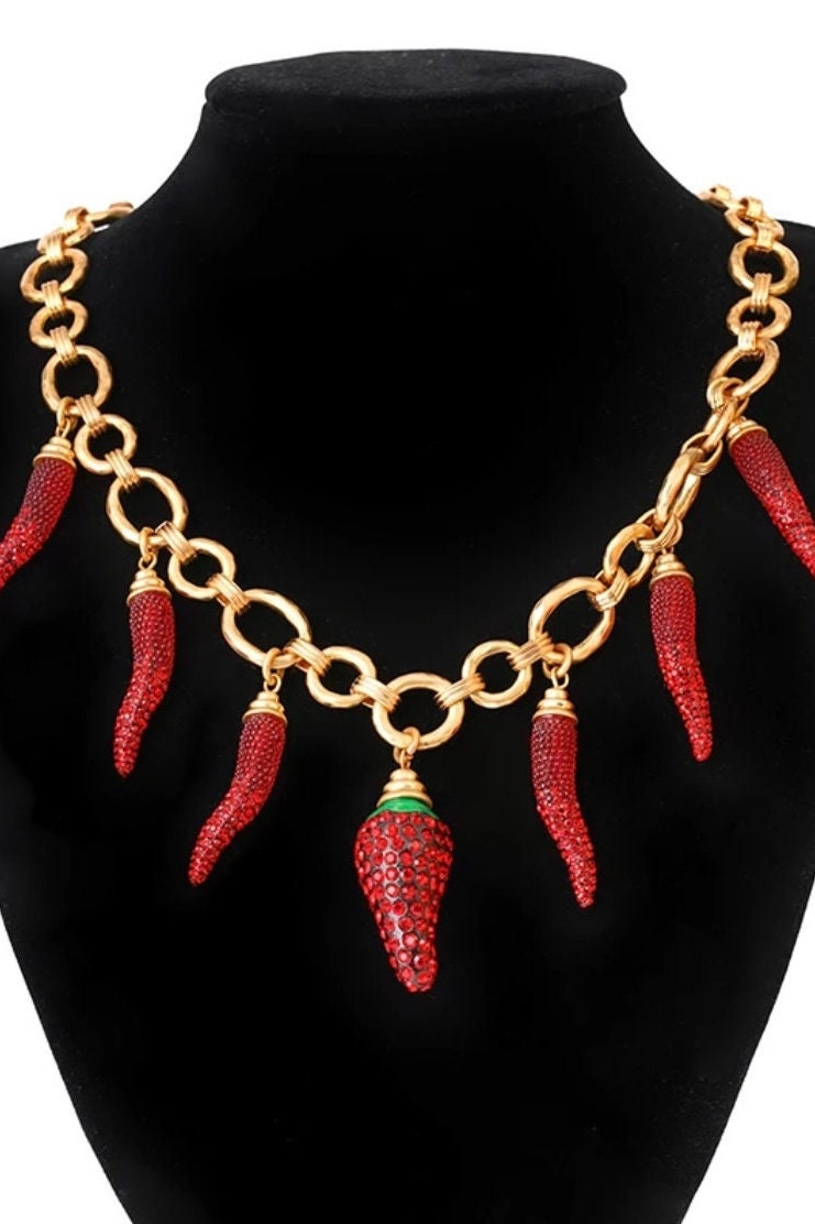 Handmade Strawberry Hot Pepper Rhinestone Cluster Charms Necklace Choker Collar Statement Pendant Vegan Alloy Metal Chain Necklace Surfer  (48 Hour Dispatch)