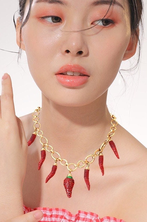 Handmade Strawberry Hot Pepper Rhinestone Cluster Charms Necklace Choker Collar Statement Pendant Vegan Alloy Metal Chain Necklace Surfer  (48 Hour Dispatch)