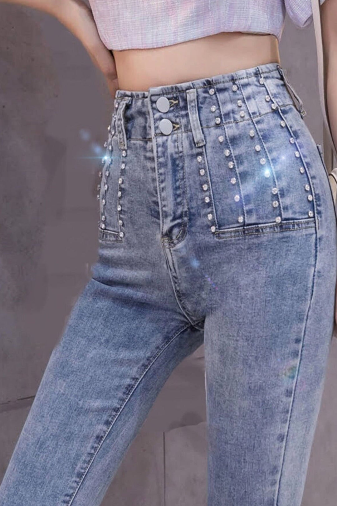 Vertical Crystal Rhinestone Embellished Waist Flare Denim Jeans, Medium Wash High Rise Flared Ankle Jeans