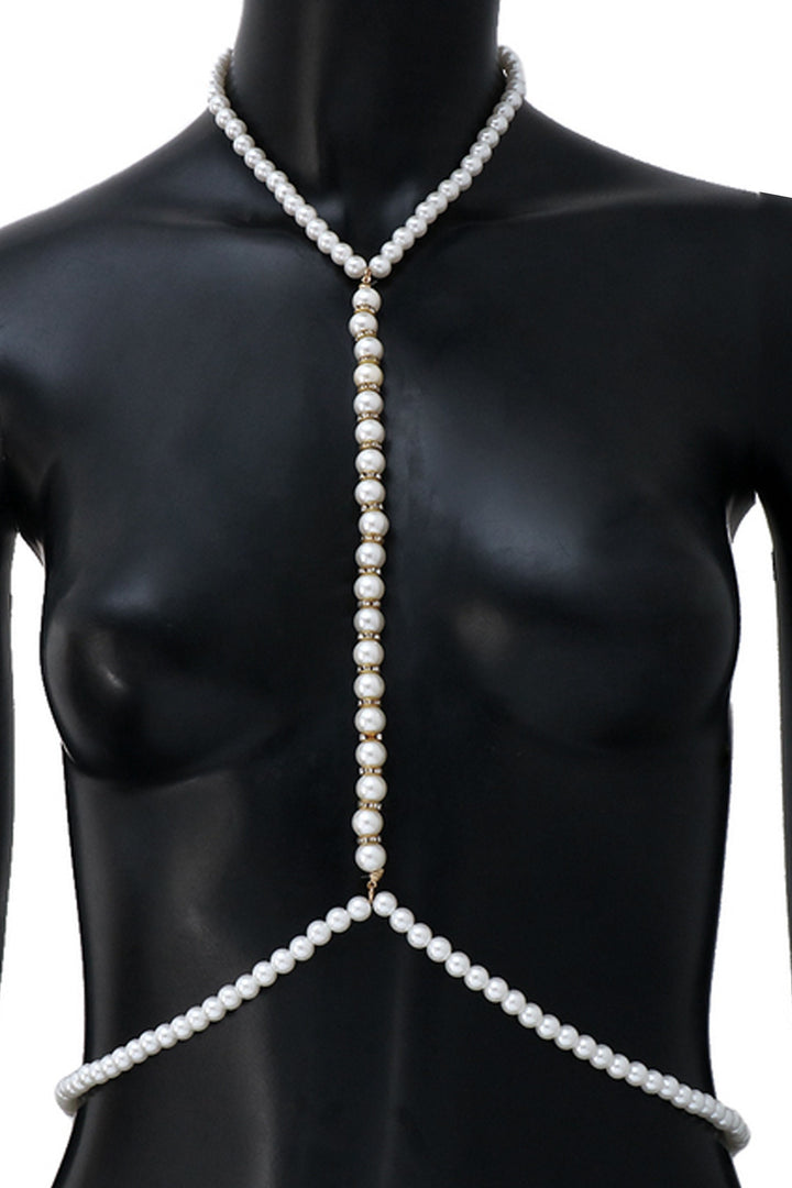 Y2K Silver Faux Pearl & Crystal Rhinestone Bra Body Chain Harness, Rave Jewelry Festival Bikini Necklace Body Chain  (48 Hour Dispatch)