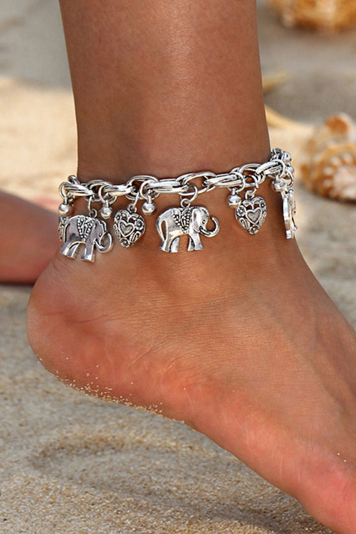 Y2K Dainty Elephant & Heart Pendant Silver Anklet, Chunky Minimalistic Trinket Charm Anklet  (48 Hour Dispatch)