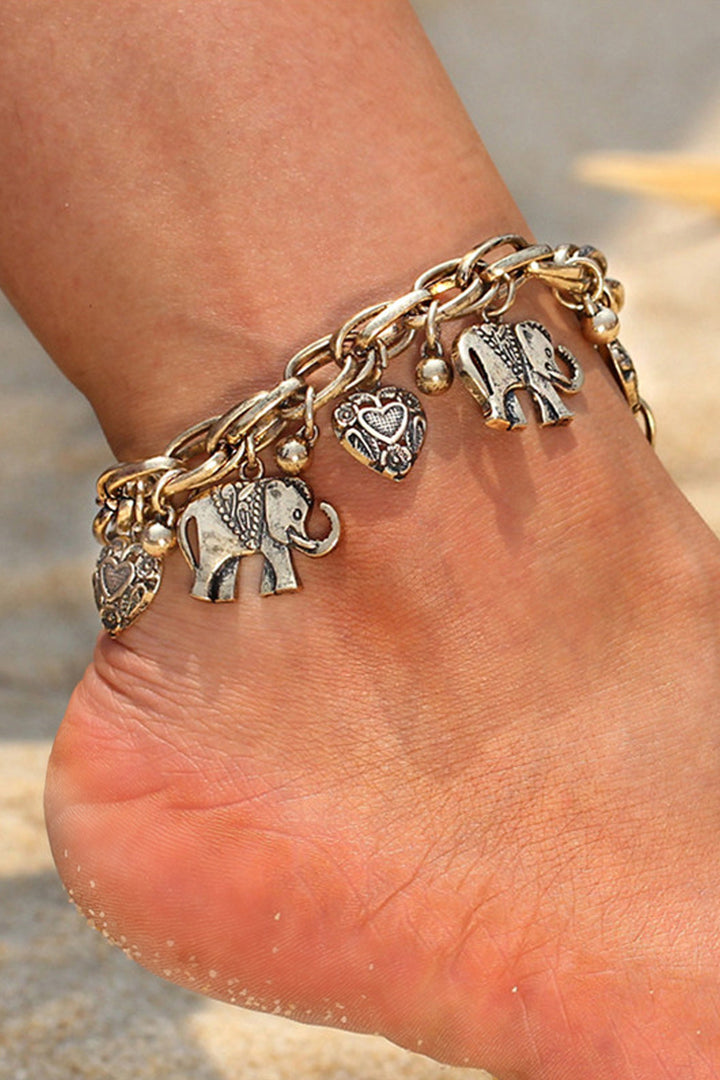 Y2K Dainty Elephant & Heart Pendant Silver Anklet, Chunky Minimalistic Trinket Charm Anklet  (48 Hour Dispatch)