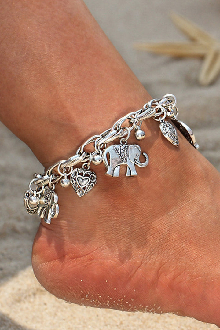 Y2K Dainty Elephant & Heart Pendant Silver Anklet, Chunky Minimalistic Trinket Charm Anklet  (48 Hour Dispatch)