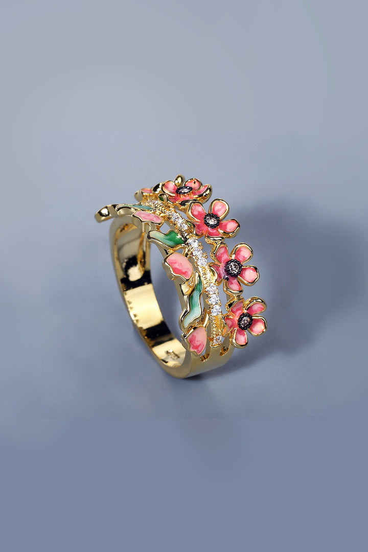 Y2K Gold Enamel Floral Decor Ring, Pink Flower Detailing Zircon Encrusted Ring (48 Hour Dispatch)