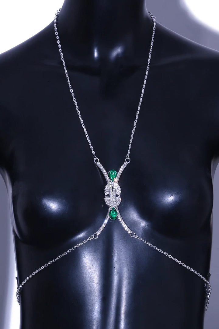 Y2K Silver & Green Interlocking Crystal Rhinestone Body Chain Harness, Chunky Festival Bikini Necklace Belly Body Chain (48 Hour Dispatch)