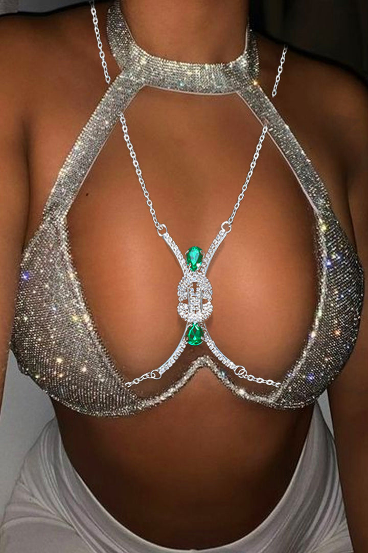 Y2K Silver & Green Interlocking Crystal Rhinestone Body Chain Harness, Chunky Festival Bikini Necklace Belly Body Chain (48 Hour Dispatch)