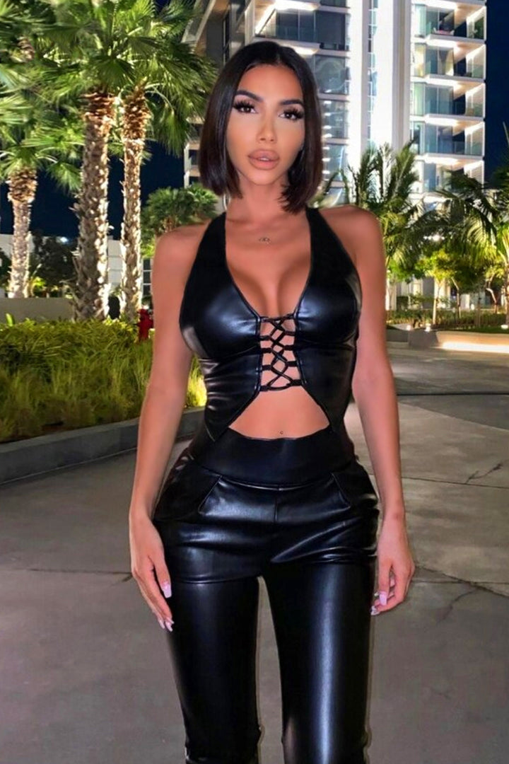 Vegan Leather Lace Up Waist Coat Crop Top, Halter Neck Top, Available in Black & Red