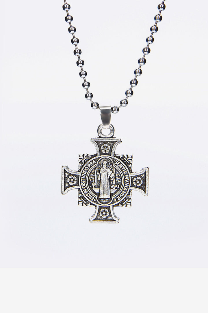 Silver Saint Benedict Jesus Cross Crucifix Pendant Chain Necklace, Christian Chunky Chain Necklace (48 Hour Dispatch)