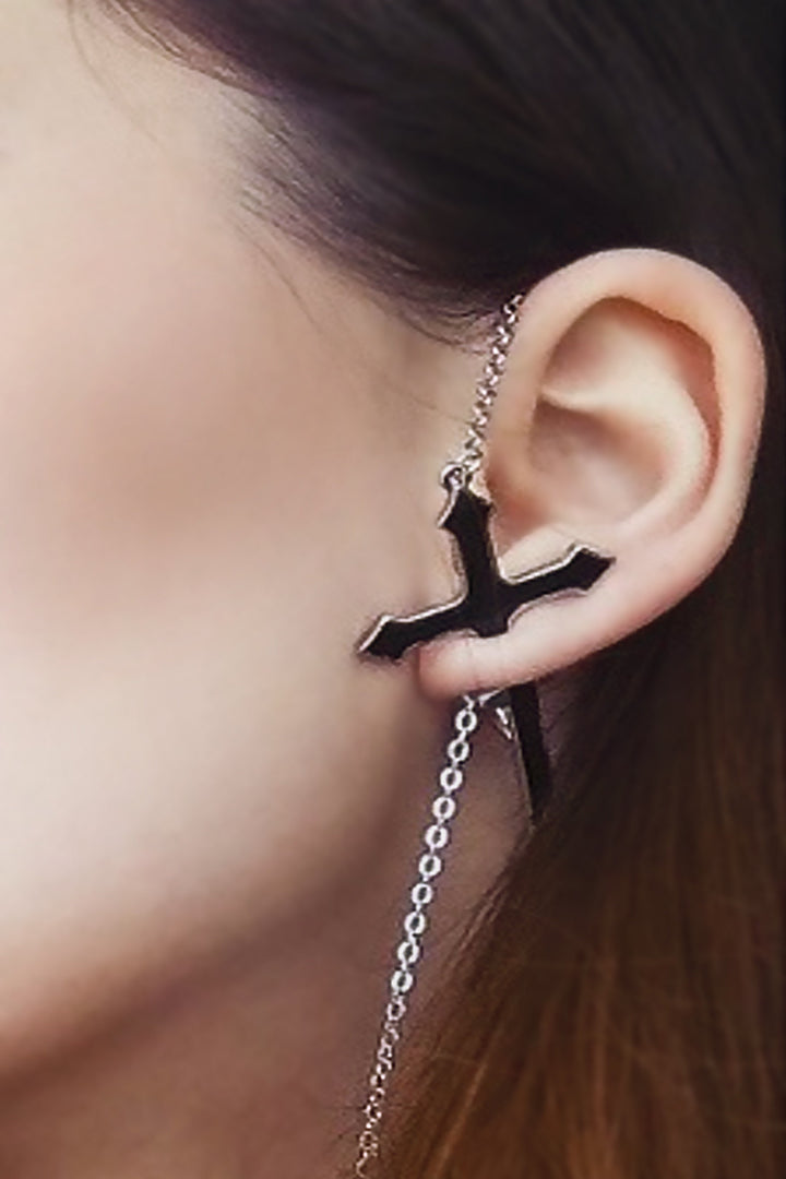 Y2K Silver & Black Crucifix Cross Jacket Stud Earrings, Metal Chain Detailing, Chunky Earrings (48 Hour Dispatch)