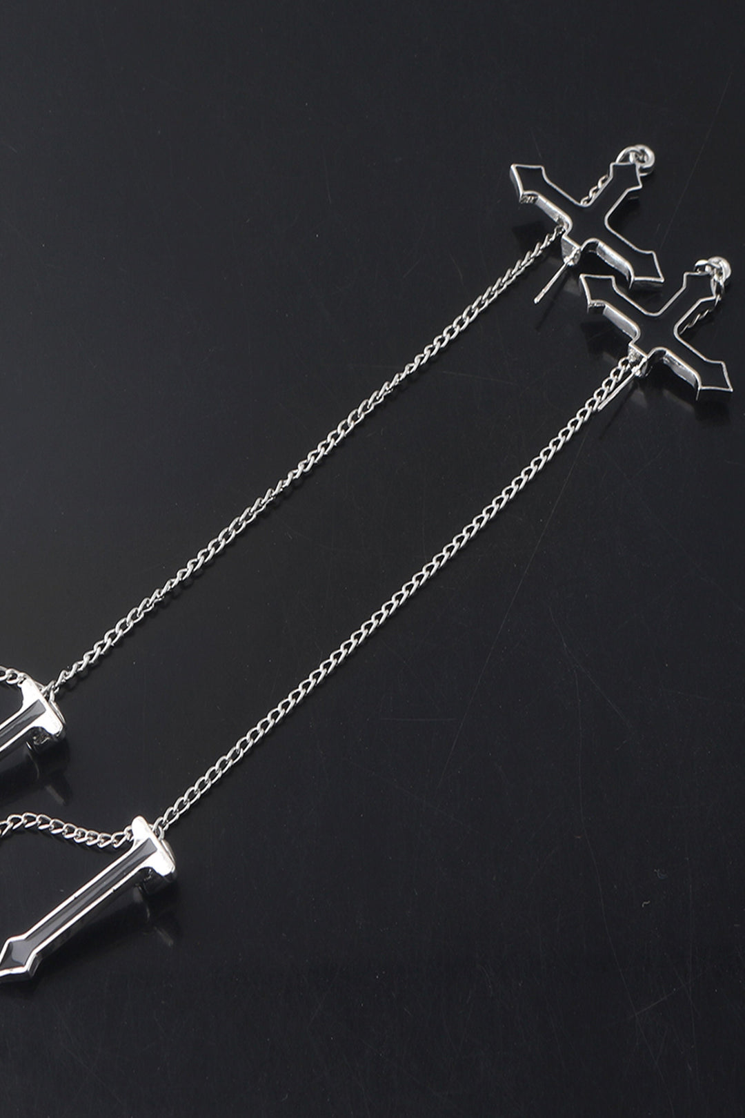 Y2K Silver & Black Crucifix Cross Jacket Stud Earrings, Metal Chain Detailing, Chunky Earrings (48 Hour Dispatch)