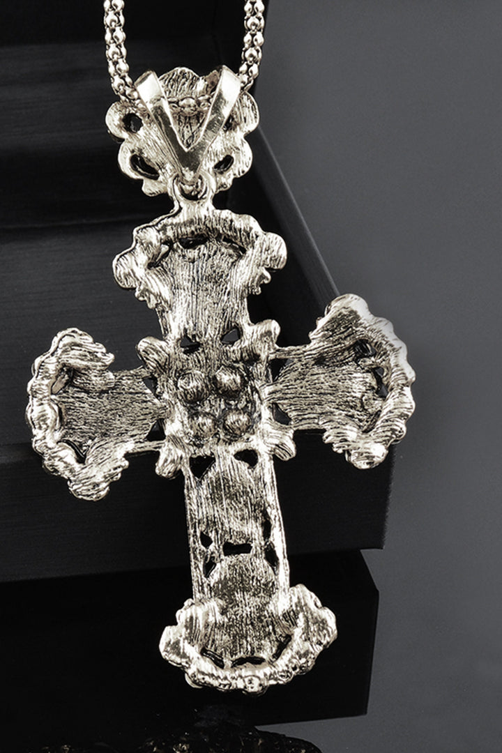 Silver & Black Crystal Rhinestone Crucifix Pendant Necklace, Chunky Cross Pendant Chain Necklace (48 Hour Dispatch)