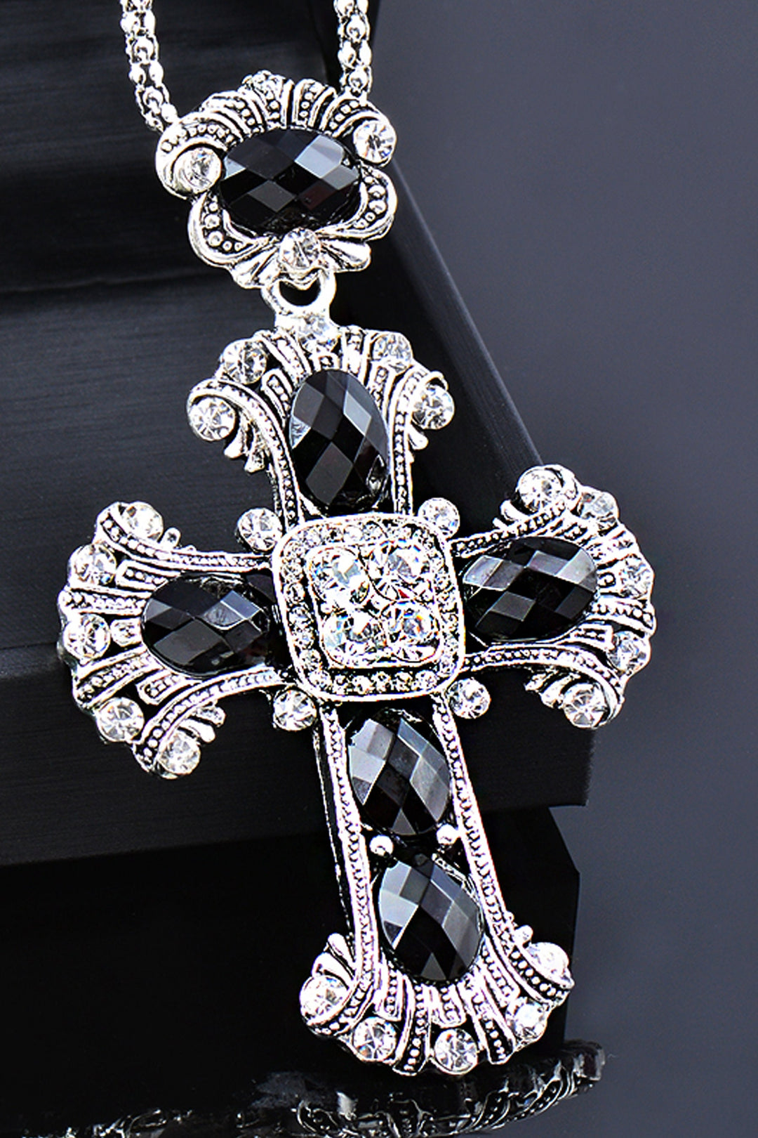 Silver & Black Crystal Rhinestone Crucifix Pendant Necklace, Chunky Cross Pendant Chain Necklace (48 Hour Dispatch)