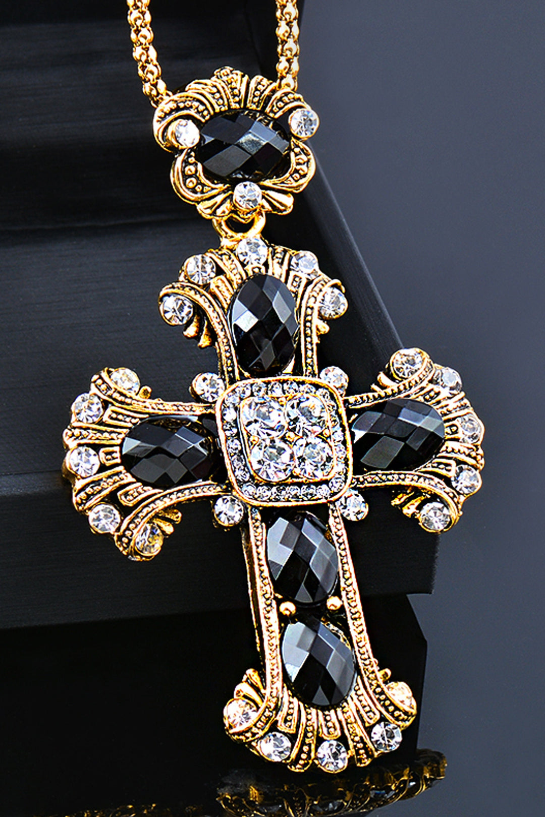 Silver & Black Crystal Rhinestone Crucifix Pendant Necklace, Chunky Cross Pendant Chain Necklace (48 Hour Dispatch)