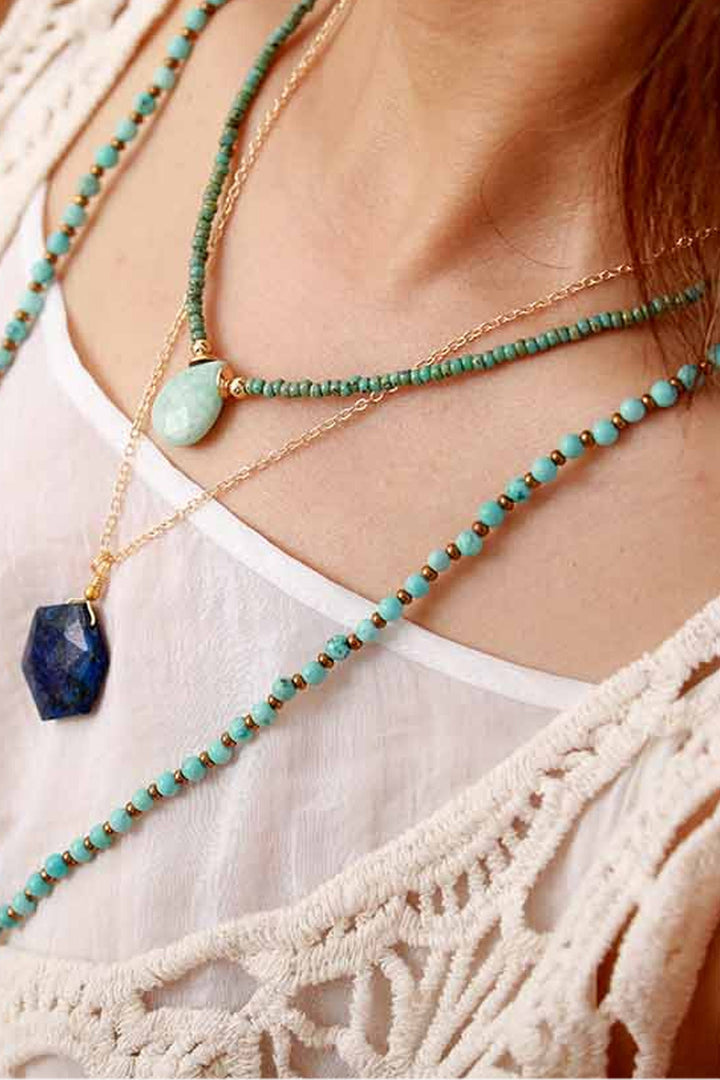 Y2K Pear Shaped Gem Stone Crystal Pendants Beaded Choker Necklace, Tumble Stone Healing Crystal Necklace, Available in Amazonite & Jasper (48 Hour Dispatch)