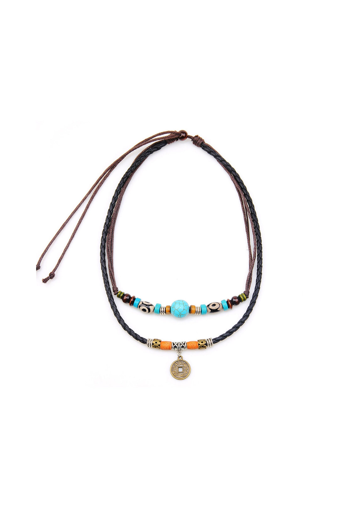 Vegan Leather Beaded Turquoise Gemstone Coin Decor Rope Chain Necklace, Men's Y2K Surfer Necklaces  (48 Hour Dispatch)