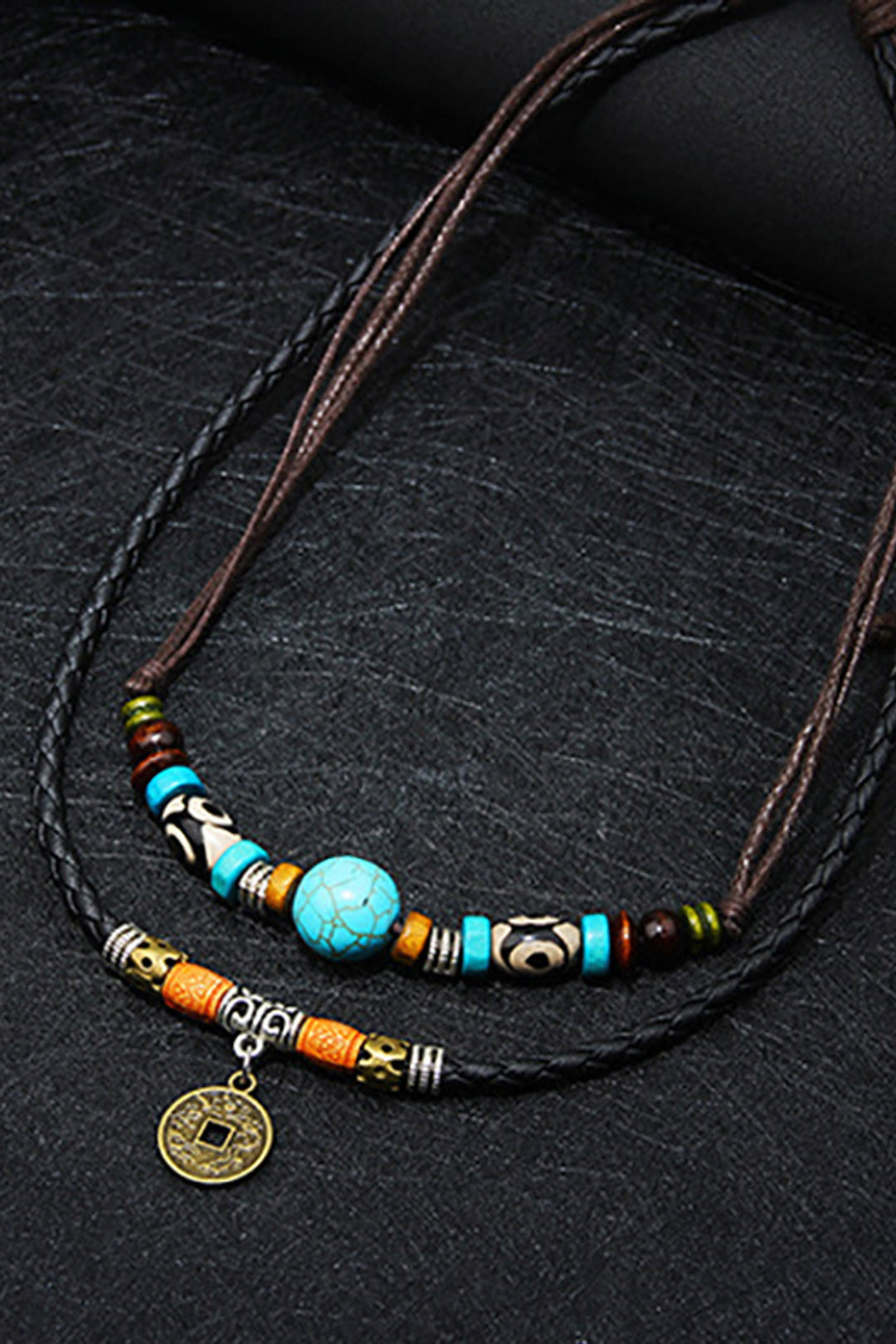 Vegan Leather Beaded Turquoise Gemstone Coin Decor Rope Chain Necklace, Men's Y2K Surfer Necklaces  (48 Hour Dispatch)