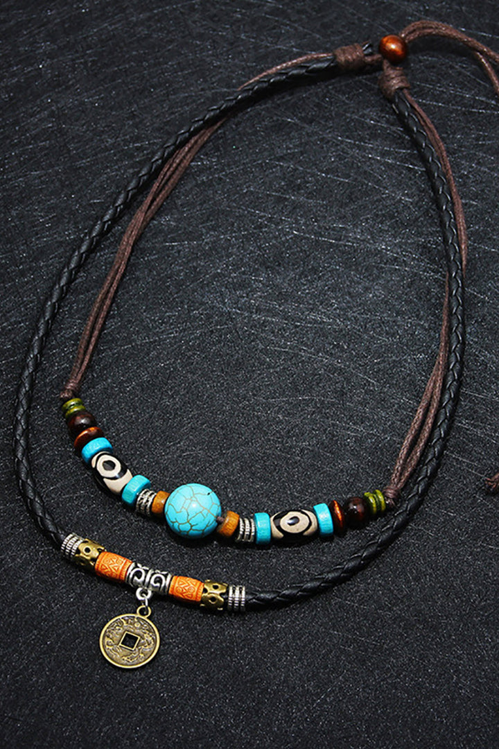 Vegan Leather Beaded Turquoise Gemstone Coin Decor Rope Chain Necklace, Men's Y2K Surfer Necklaces  (48 Hour Dispatch)