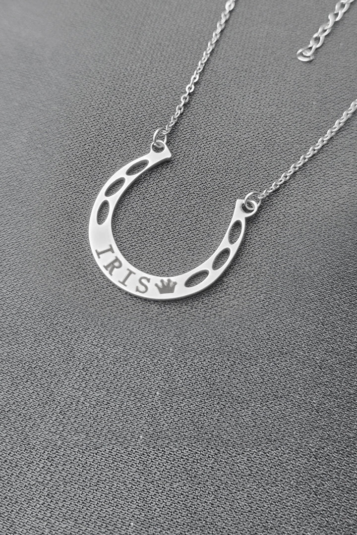 Silver 'Iris' Name Engraving Horseshoe Shaped Pendant Necklace, Personalized Charm Necklace (48 Hour Dispatch)