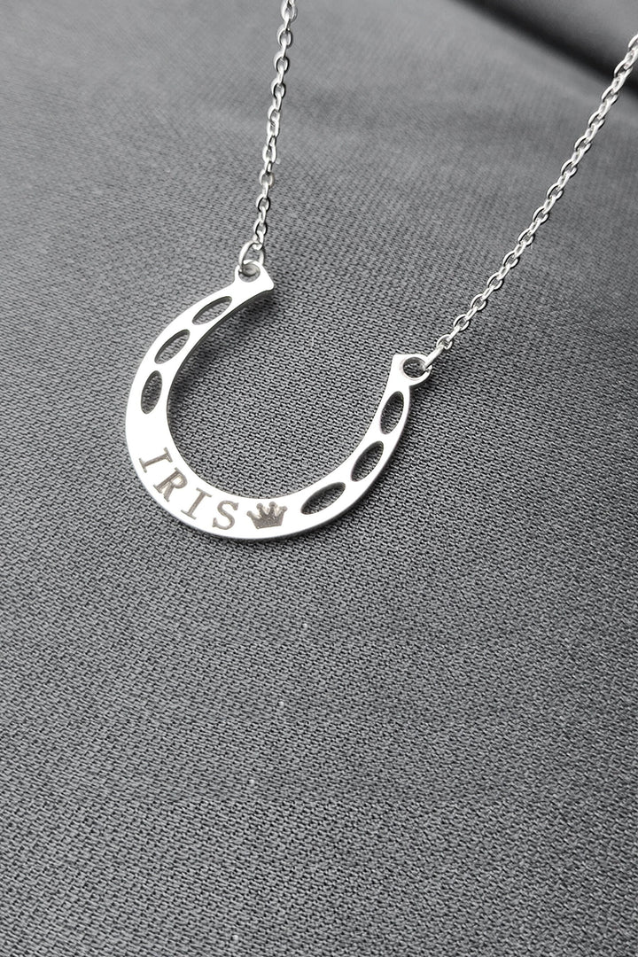 Silver 'Iris' Name Engraving Horseshoe Shaped Pendant Necklace, Personalized Charm Necklace (48 Hour Dispatch)