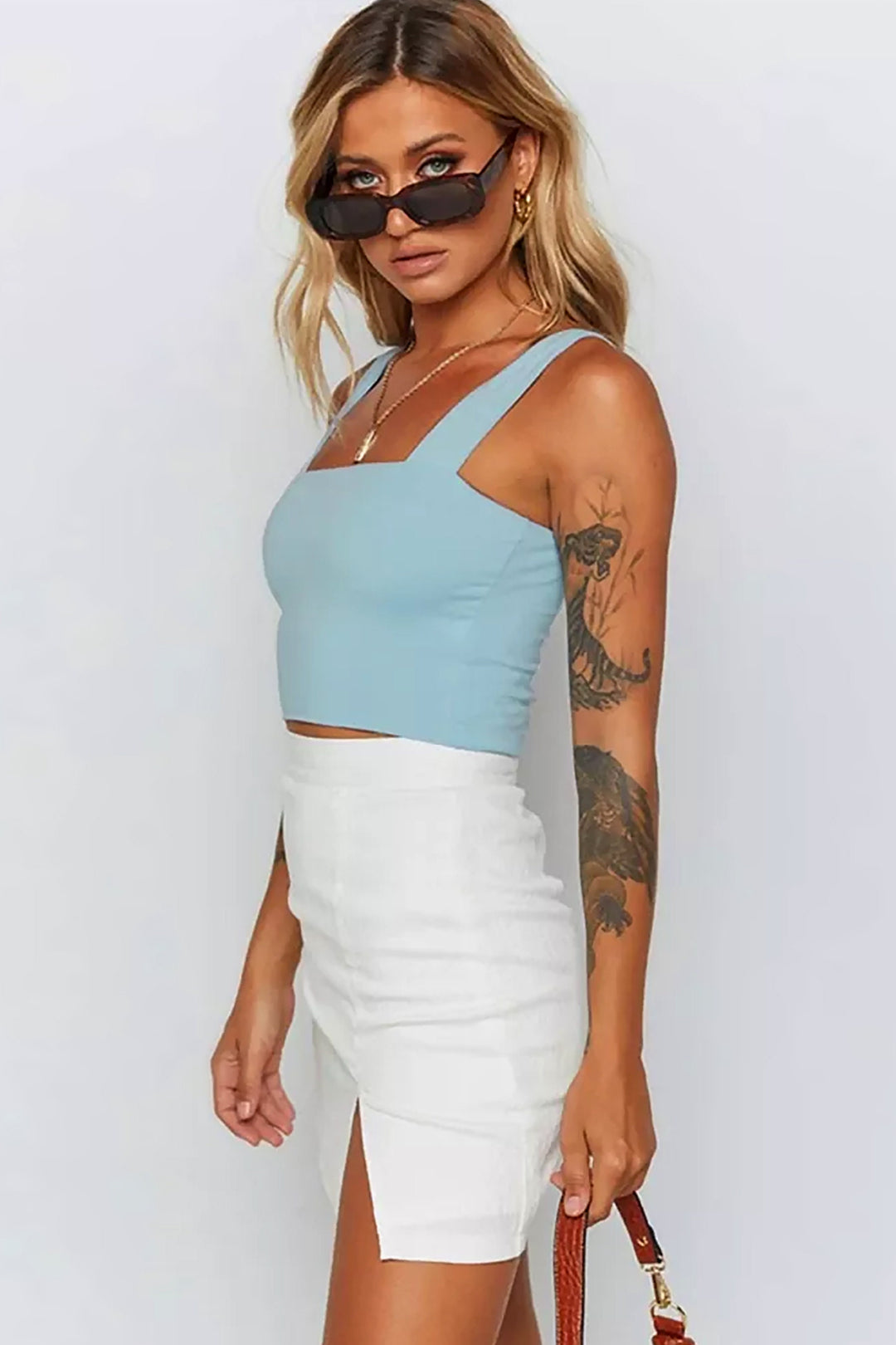 Square Neck Cami Cropped Tee, Sleeveless Crop Top, Available in White, Baby Blue & Orange