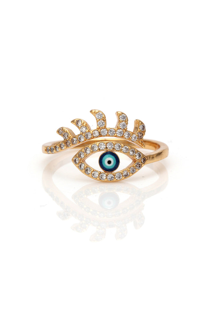 Gold & Blue Evil Eye Crystal Rhinestone Decor Charm Ring, Women's Carved Ring  (48 Hour Dispatch)