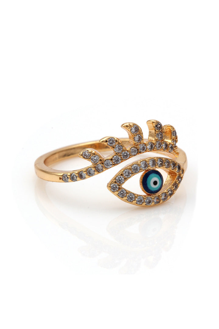 Gold & Blue Evil Eye Crystal Rhinestone Decor Charm Ring, Women's Carved Ring  (48 Hour Dispatch)