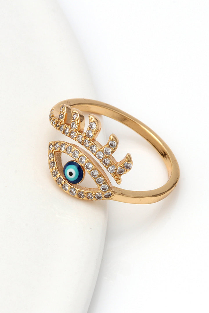 Gold & Blue Evil Eye Crystal Rhinestone Decor Charm Ring, Women's Carved Ring  (48 Hour Dispatch)