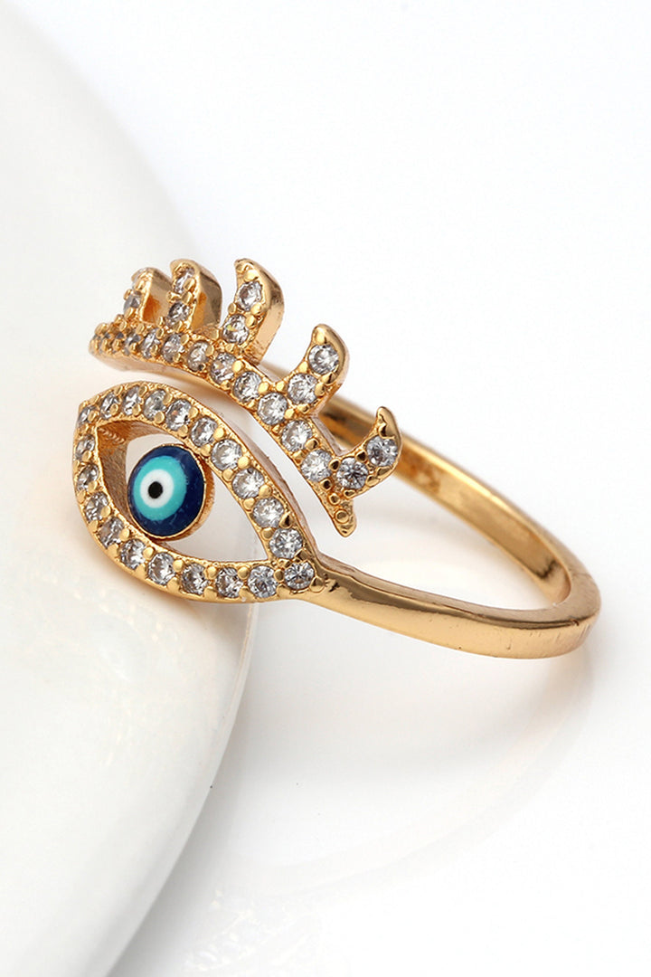 Gold & Blue Evil Eye Crystal Rhinestone Decor Charm Ring, Women's Carved Ring  (48 Hour Dispatch)