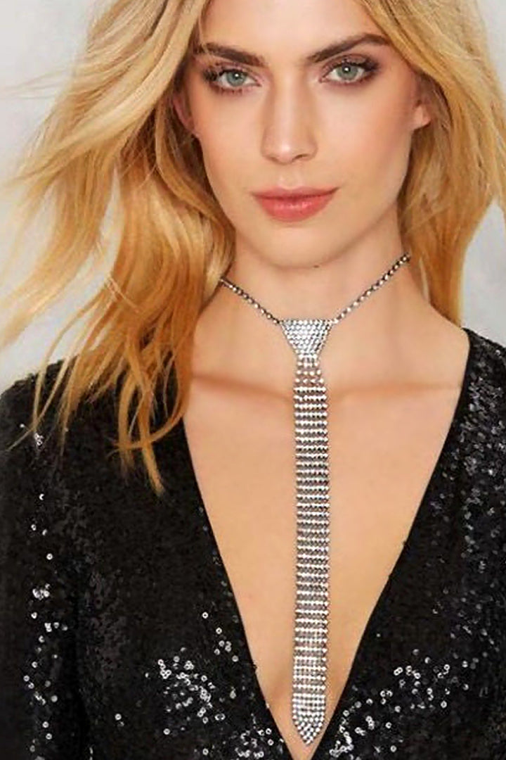 Silver Neck Tie Design Rhinestone Crystal Decor Necklace Choker, Diamanté Necklace, Crystal Necklace (48 Hour Dispatch)