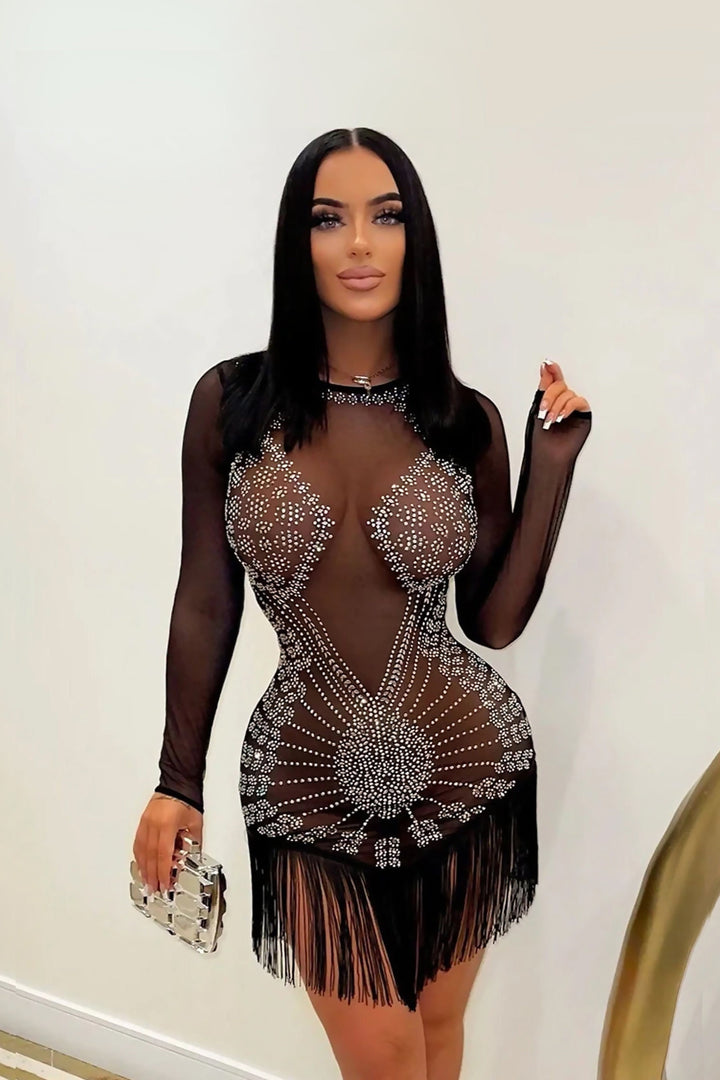 Embellished Rhinestone Crystal Black Sheer Mesh Bodycon Mini Dress, Long Sleeve Diamond Tassel Hem Detailing Dress