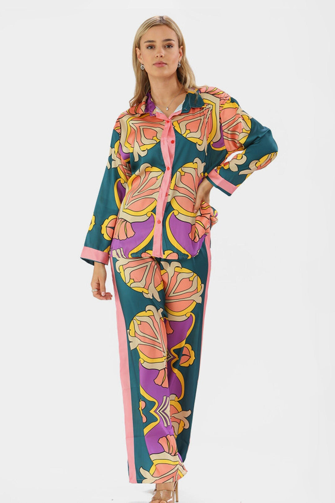 Oversized Graphic Floral Print Satin Shirt & Trousers Co-Ord Set, Available in 2 Designs