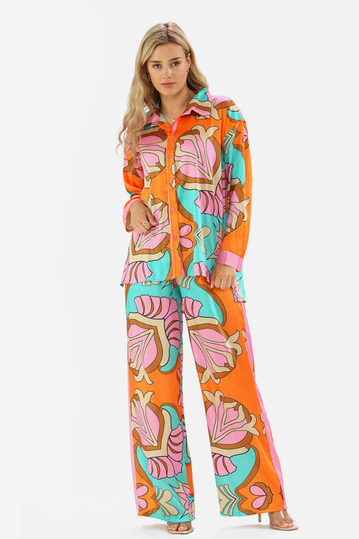 Oversized Graphic Floral Print Satin Shirt & Trousers Co-Ord Set, Available in 2 Designs