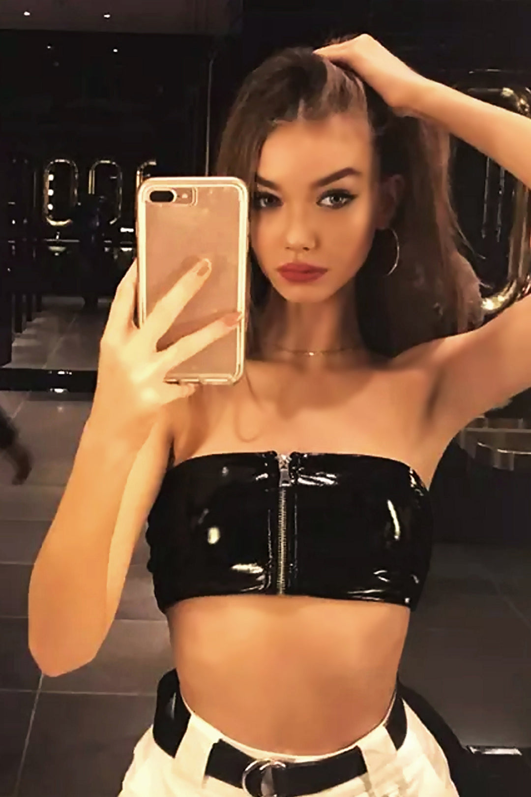 Black Vegan Leather Zip Up Detailing Crop Top, Bandeau Tube Crop Top, PU Crop Top